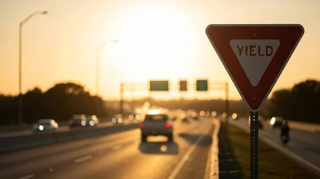 Sunset highway traffic flow captured near a yield road sign on busy urban freeway