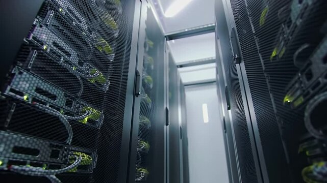 Server Room with Black Server Racks Cables and Bright Lights Featuring Close Up Low Angle Shot of Equipment Data Center