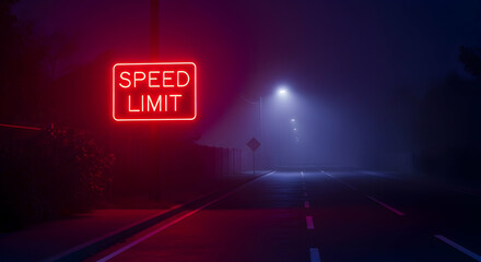Neon Speed Limit Sign On A Foggy Road In The Evening Time