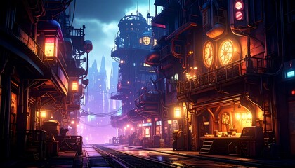 City Street with Futuristic Architecture at Night