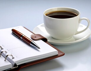 Coffee Cup, Pen and Planner for Business at Desk