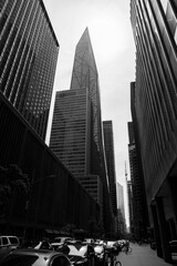New York City skyline with highrise buildings in Midtown, Manhattan, USA, a black and white photo
