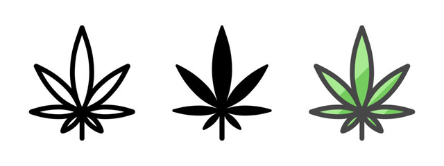 Multipurpose medical cannabis leaf vector icon in outline, glyph, filled outline style. Three icon style variants in one pack.