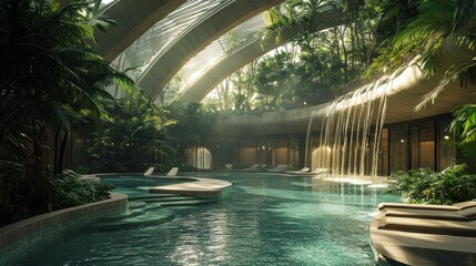 serene sanctuary a luxurious indoor pool oasis surrounded by lush tropical greenery and a cascading waterfall illuminated by soft natural light through architectural skylights creating a peaceful