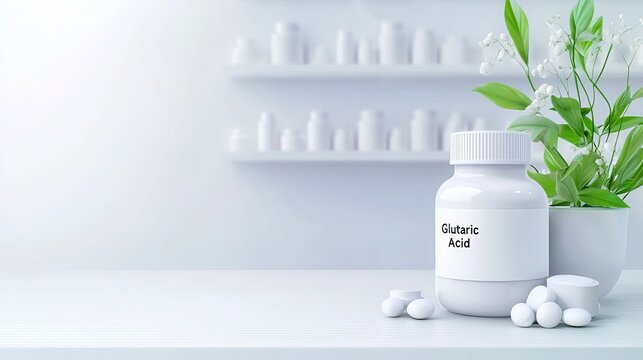A clean, modern display of a white supplement bottle labeled 'Glutaric Acid' beside a lush green plant.