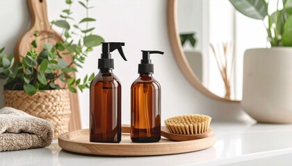 Brown Glass Bottles On Wooden Tray In Bathroom