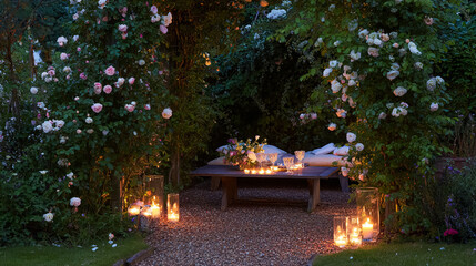 Outdoor evening table settings with candles, crystal glassware and plates, surrounded by flowers and greenery, arranged for dinner or garden entertaining
