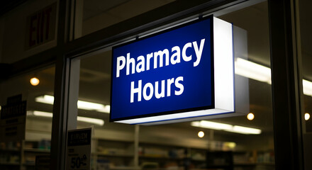 Obraz premium Illuminated Pharmacy Hours Sign Displayed outside Storefront for Healthcare Availability