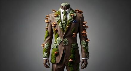 Man in a suit covered in moss and mushrooms