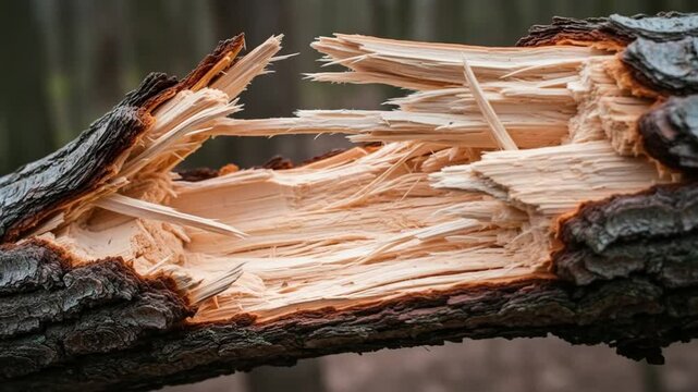 Close up video showcasing the intricate texture and detail of a broken tree branch revealing