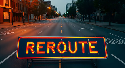 Illuminated Reroute Sign on Empty City Road During Dawn Hour