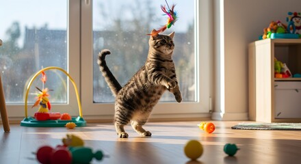 Playful Tabby Cat Standing on Hind Legs Reaching for Toy in Sunny Living Room