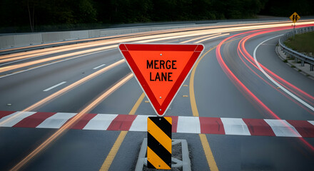 Merging Lane Signage Directing Traffic On A Highway At Night With Light Trails