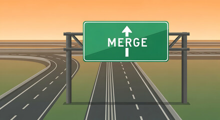 Merging Lanes Ahead On Highway Illustrating Business Strategy And Integration