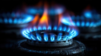 Close-up of Blue Gas Flames on a Stovetop