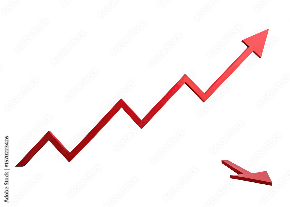 Poster red 3d line graph with upward trend and a separate downward arrow isolated on transparent background
