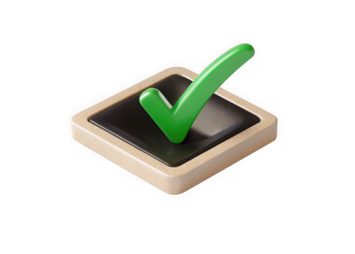 Green check mark symbol in a wooden square frame isolated on transparent background
