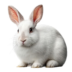 Obraz premium A white rabbit with upright ears and pink inner ear details is sitting calmly, showing its soft fur and alert expression.