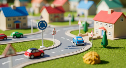 Miniature Town Depicting Road Safety And Urban Planning With Toy Cars