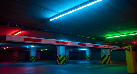 Illuminated Underground Parking Garage With Automatic Boom Barrier System