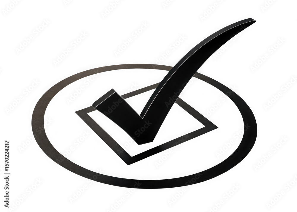 Poster metallic black check mark inside a circle and square isolated on transparent background
