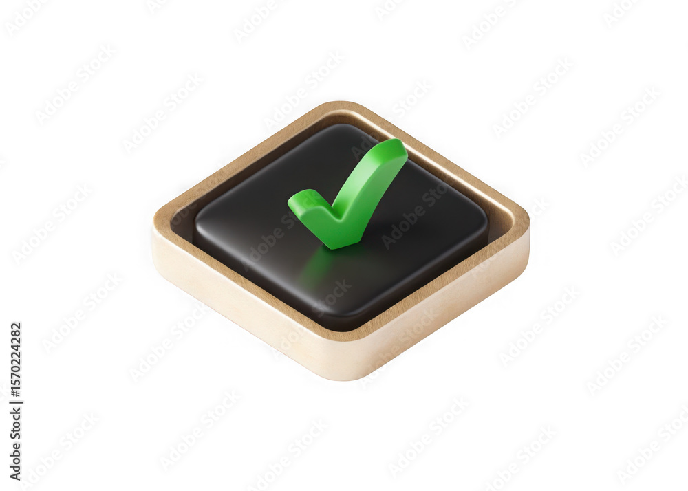 Poster green check mark symbol on a dark square button with wooden frame isolated on transparent background