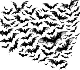 Swarm of bats flying in Halloween sky, line art for coloring and decor
