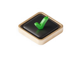 Green check mark symbol on a dark square button with wooden frame isolated on transparent background. Approval button checkmark graphic design element for success and approval concept