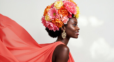 Elegant woman with floral headpiece and statement earrings