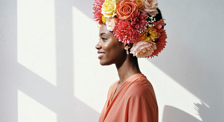 Elegant woman with floral headpiece and statement earrings