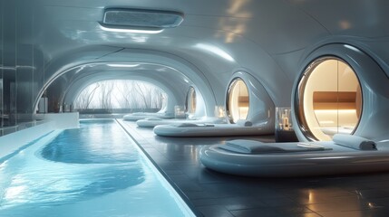 a futuristic tranquil escape featuring a serene indoor pool alongside luxurious relaxation pods illuminated by gentle light creating a unique wellness experience