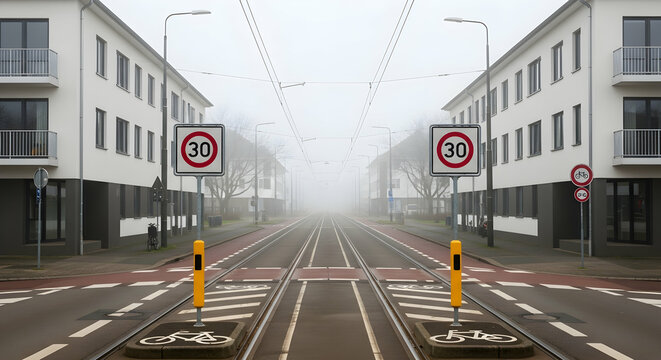 Misty Morning In Residential District With Traffic Regulations And Bicycle Paths - Powered by Adobe