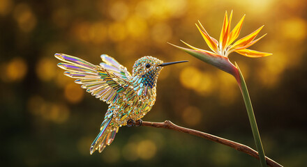 Crystal hummingbird approaching bird of paradise flower
