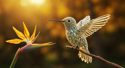 Crystal hummingbird approaching bird of paradise flower