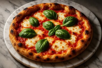 Artisanal wood-fired pizza with fresh basil and melted mozzarella on marble surface