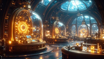 Fototapeta premium Control Room with Glowing Orbs Under Glass Domes