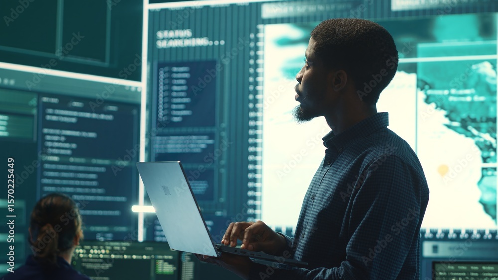 Poster cyber security team investigates governmental hacking malware attack on internet servers, high tech 