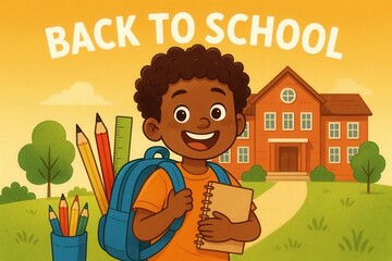 Bright elementary school student with backpack and books ready for new academic year