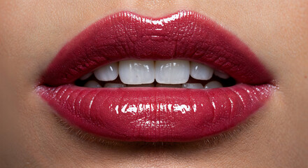 Glossy red lips and white teeth