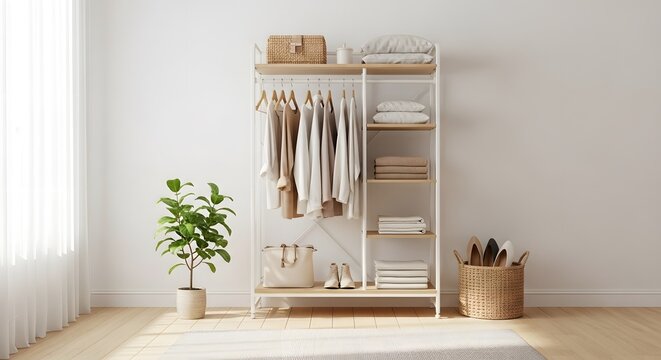 Interior shot of a modern wardrobe featuring neatly organized clothing and accessories with a potted plant and warm sunlight filtering through the window.