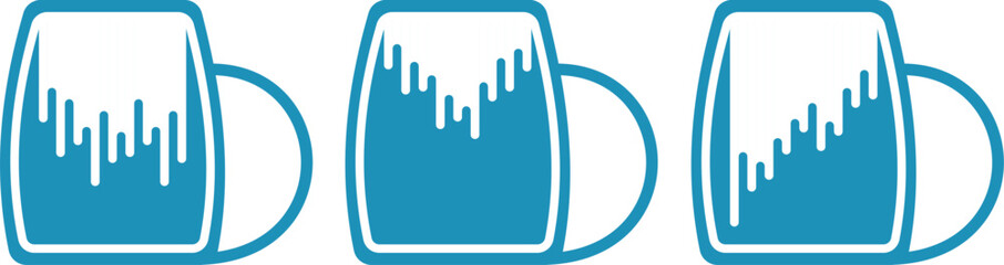mugs with drinks, drops and splashes in cups, vector blue icons