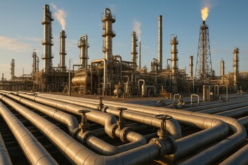 Industrial oil and gas facility with pipeline infrastructure and energy production showcasing petroleum industry operations