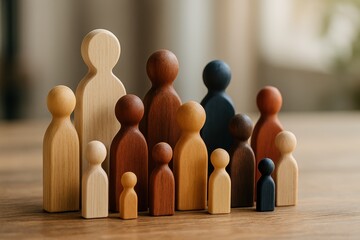 Diversity and inclusion workshop with wooden figures representing multicultural teamwork and unity