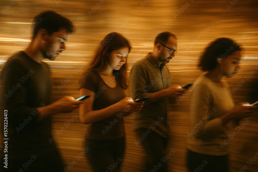 Poster motion blur smartphone addiction with multiple people creating digital age social commentary on mode