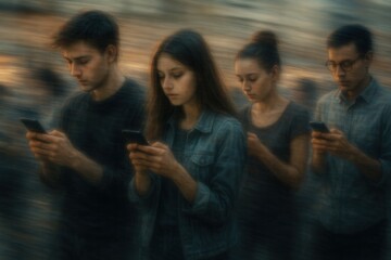 Fototapeta premium Motion blur smartphone addiction with multiple people creating digital age social commentary on modern technology dependence