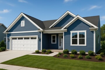 Modern ranch-style home with blue vinyl siding and professional residential architecture showcasing contemporary suburban living