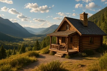 Fototapeta premium Mountain cabin retreat with panoramic valley views and scenic wilderness landscape for vacation rental and tourism marketing