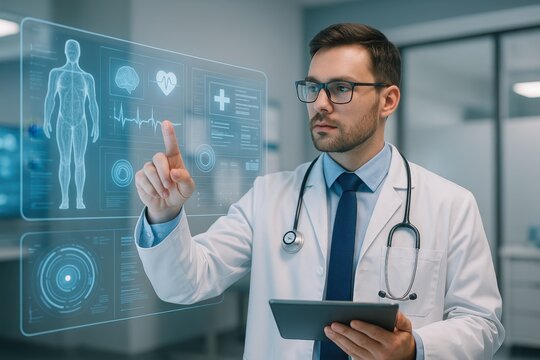 Healthcare professional using digital tablet with medical data visualization and technology integration