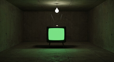 Vintage television with green screen in a dark concrete room