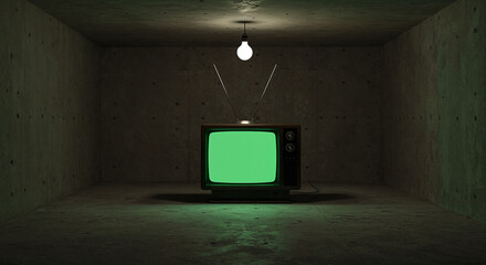 Vintage television with green screen in a dark concrete room